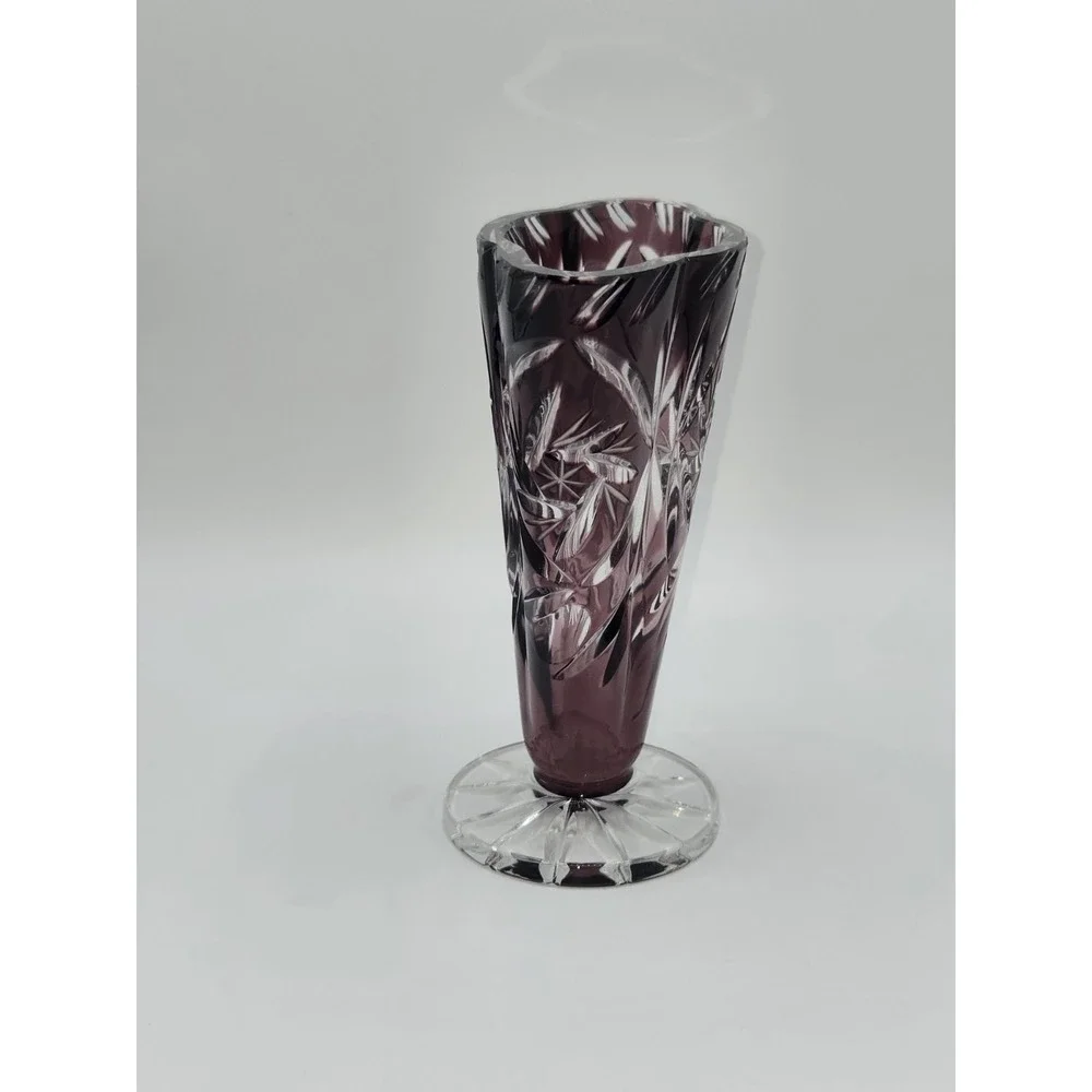 Amethyst Cut‎ to Clear Crystal Bohemian Czech Starburst Cut Footed Vase